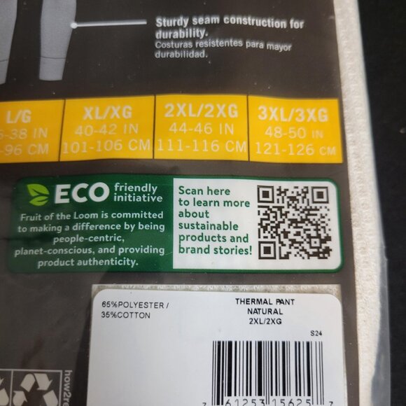 Fruit of the Loom Thermal Pants Men's Size 2XL Underwear Natural White 1 Pack - Picture 3 of 4